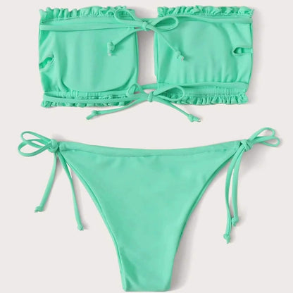 Frill Trim Bandeau Tie Side Bikini Swimsuit DailySale