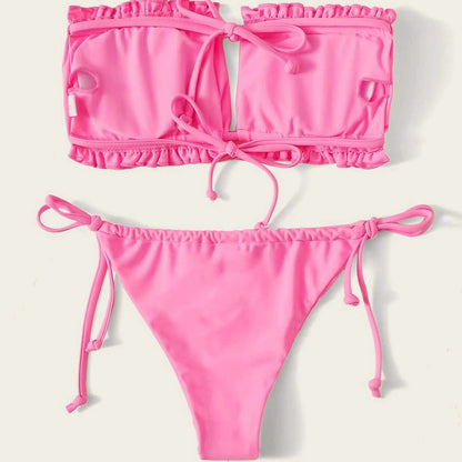 Frill Trim Bandeau Tie Side Bikini Swimsuit DailySale