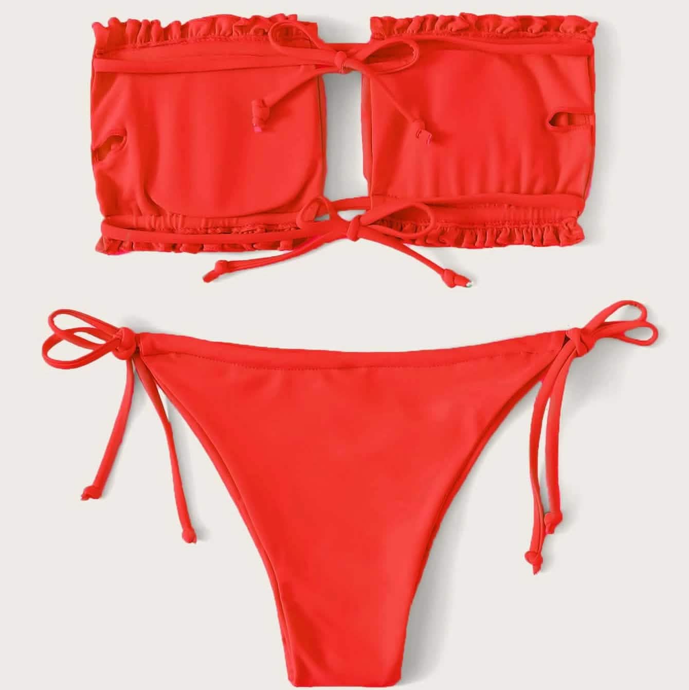 Frill Trim Bandeau Tie Side Bikini Swimsuit DailySale