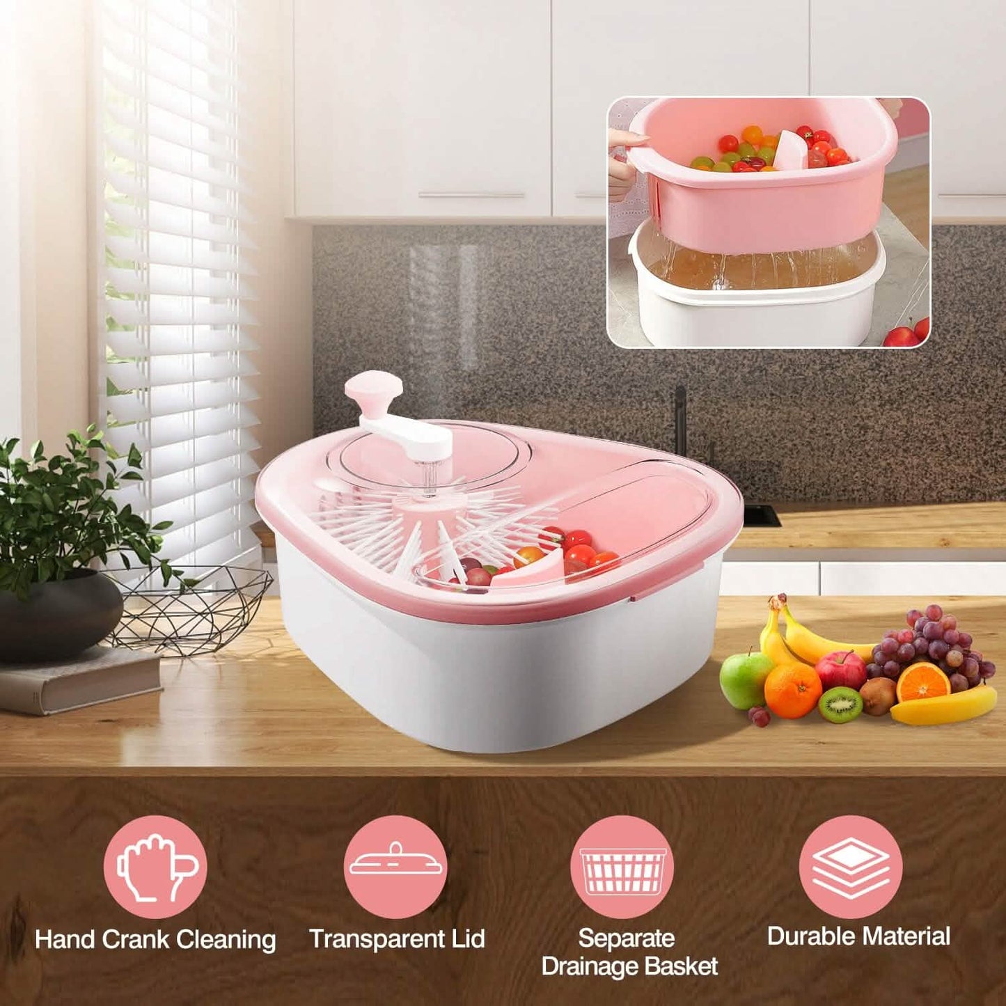Fruit, Vegetable Manual Washing Spinner with Brush Hand Crank DailySale