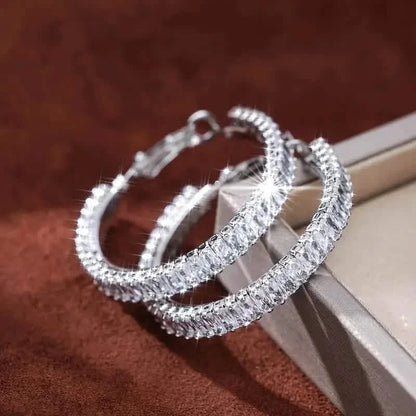 Full Rectangular Shiny Synthetic Zirconia Decorative Hoop Earrings DailySale