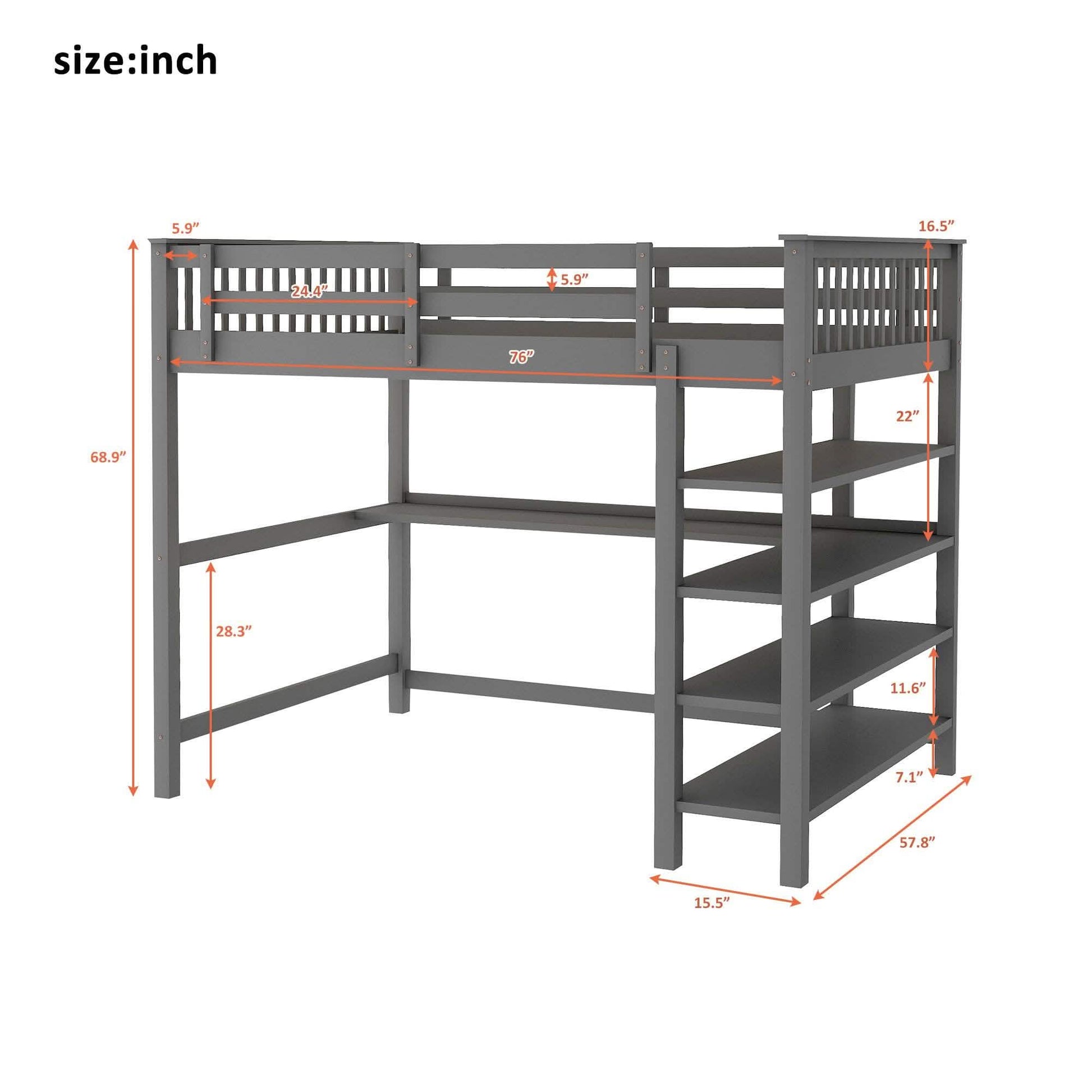 Full Size Loft Bed with Under-bed Desk and Storage Shelves DailySale