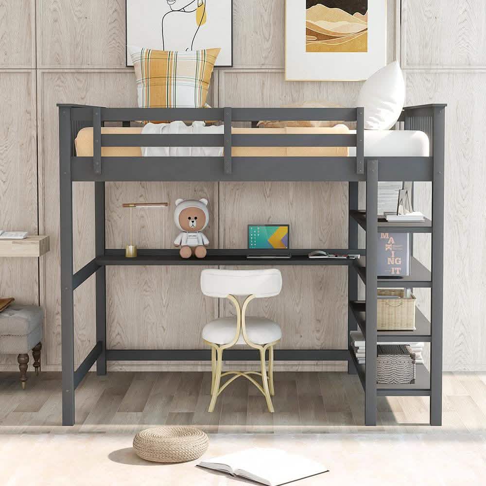 Full Size Loft Bed with Under-bed Desk and Storage Shelves DailySale