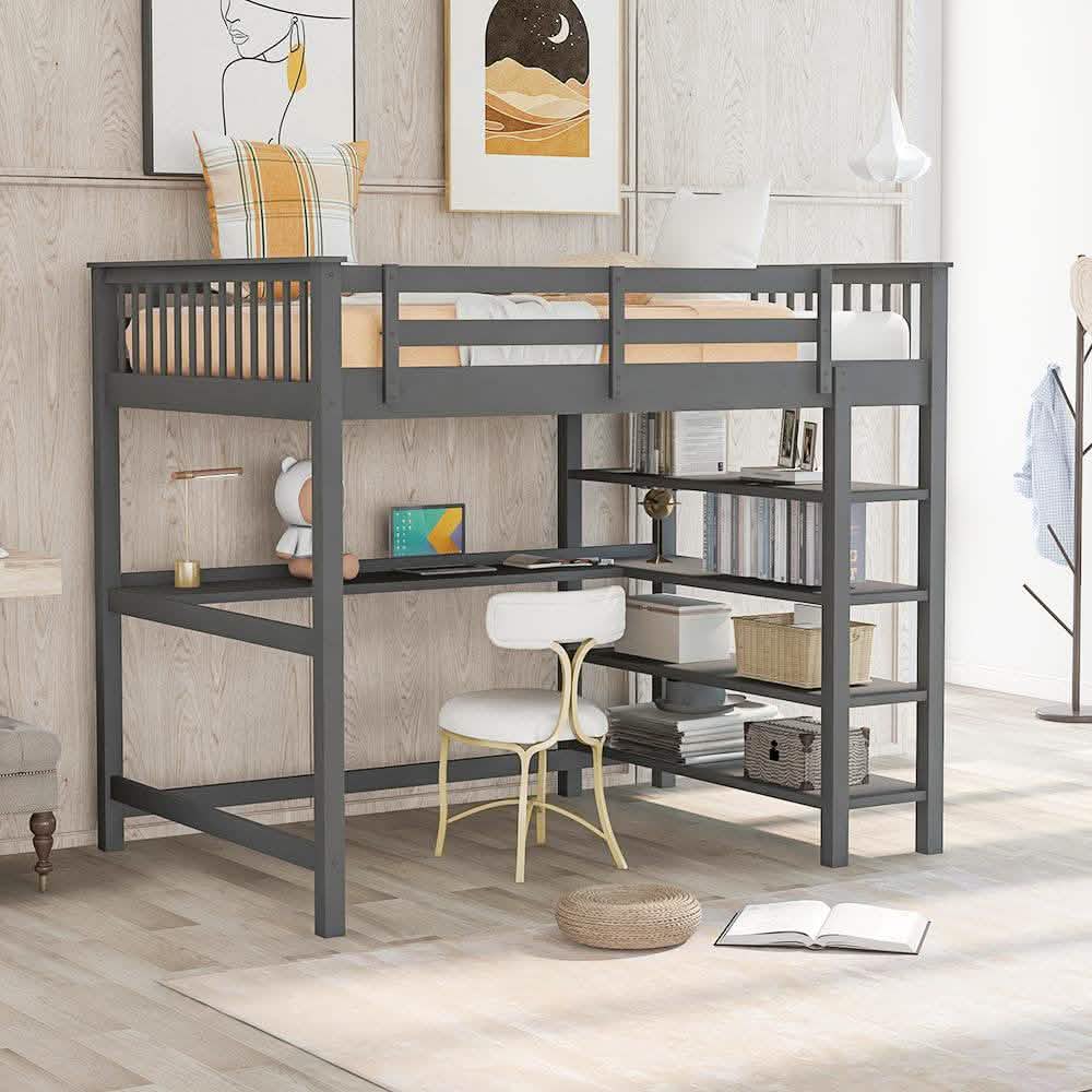 Full Size Loft Bed with Under-bed Desk and Storage Shelves DailySale
