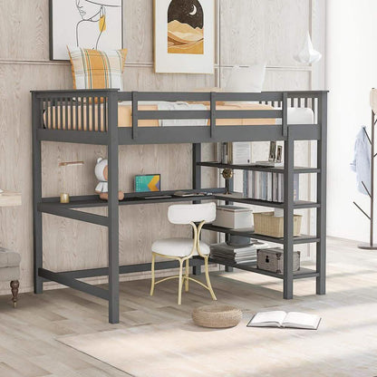 Full Size Loft Bed with Under-bed Desk and Storage Shelves DailySale