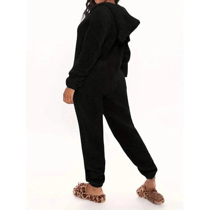 Fuzzy Hooded Pajama Jumpsuit For Music Festival, Long Sleeve Zipper Lingerie & Sleepwear DailySale