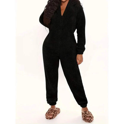 Fuzzy Hooded Pajama Jumpsuit For Music Festival, Long Sleeve Zipper Lingerie & Sleepwear DailySale