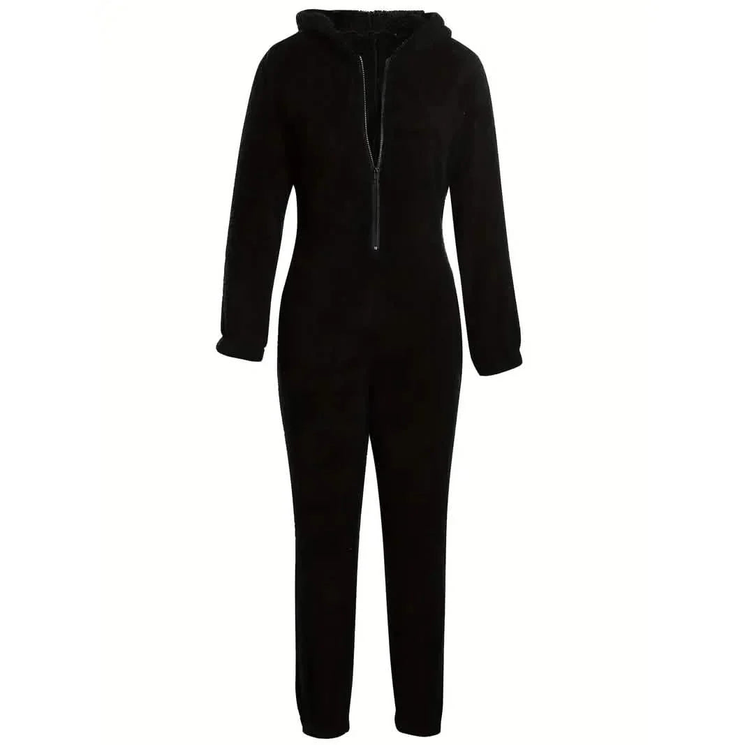 Fuzzy Hooded Pajama Jumpsuit For Music Festival, Long Sleeve Zipper Lingerie & Sleepwear DailySale