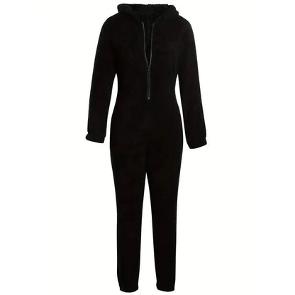 Fuzzy Hooded Pajama Jumpsuit For Music Festival, Long Sleeve Zipper Lingerie & Sleepwear DailySale