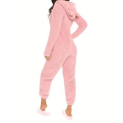 Fuzzy Hooded Pajama Jumpsuit For Music Festival, Long Sleeve Zipper Lingerie & Sleepwear DailySale