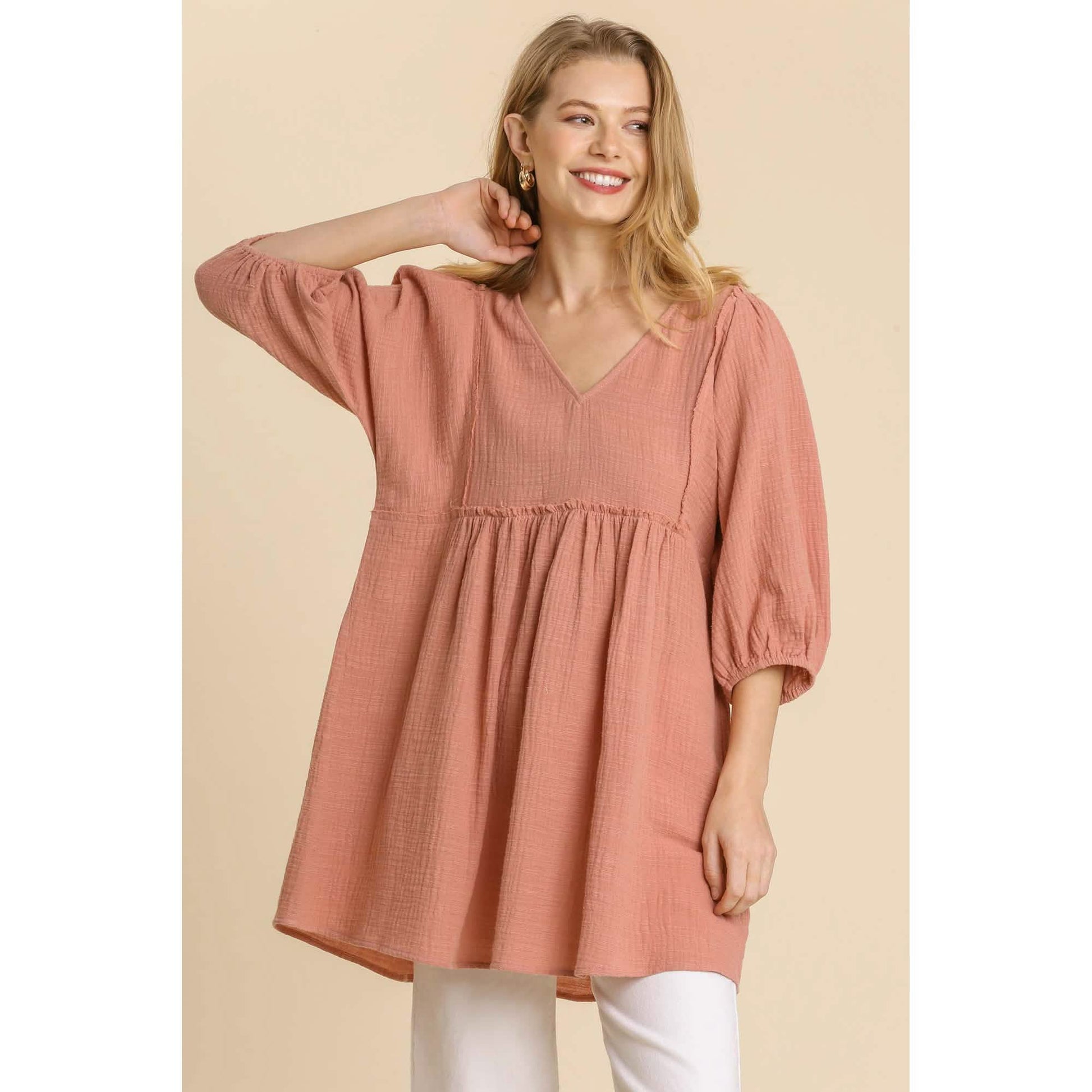 Gauze Slub V-neck Frayed Edge Detail Tunic Dress DailySale