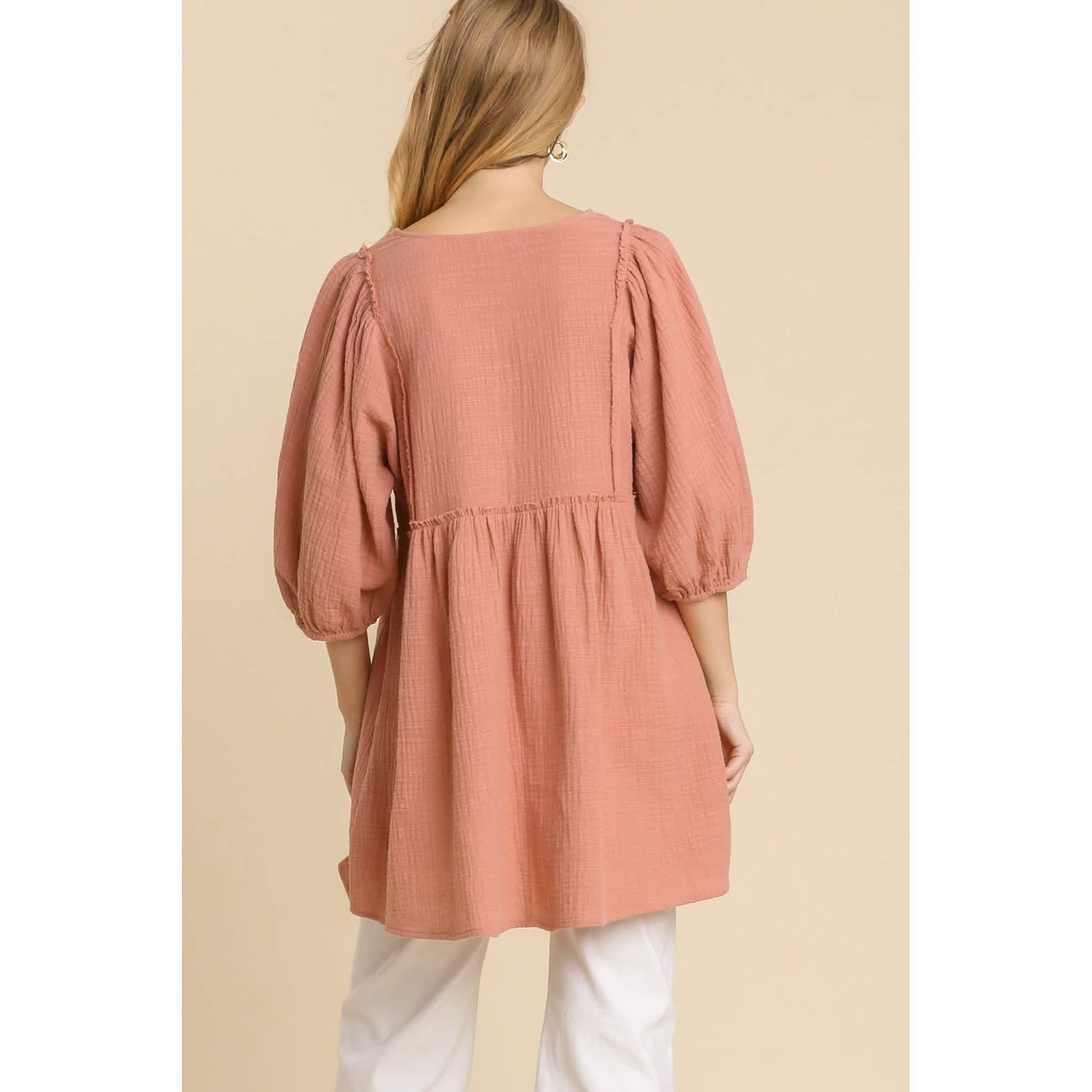 Gauze Slub V-neck Frayed Edge Detail Tunic Dress DailySale