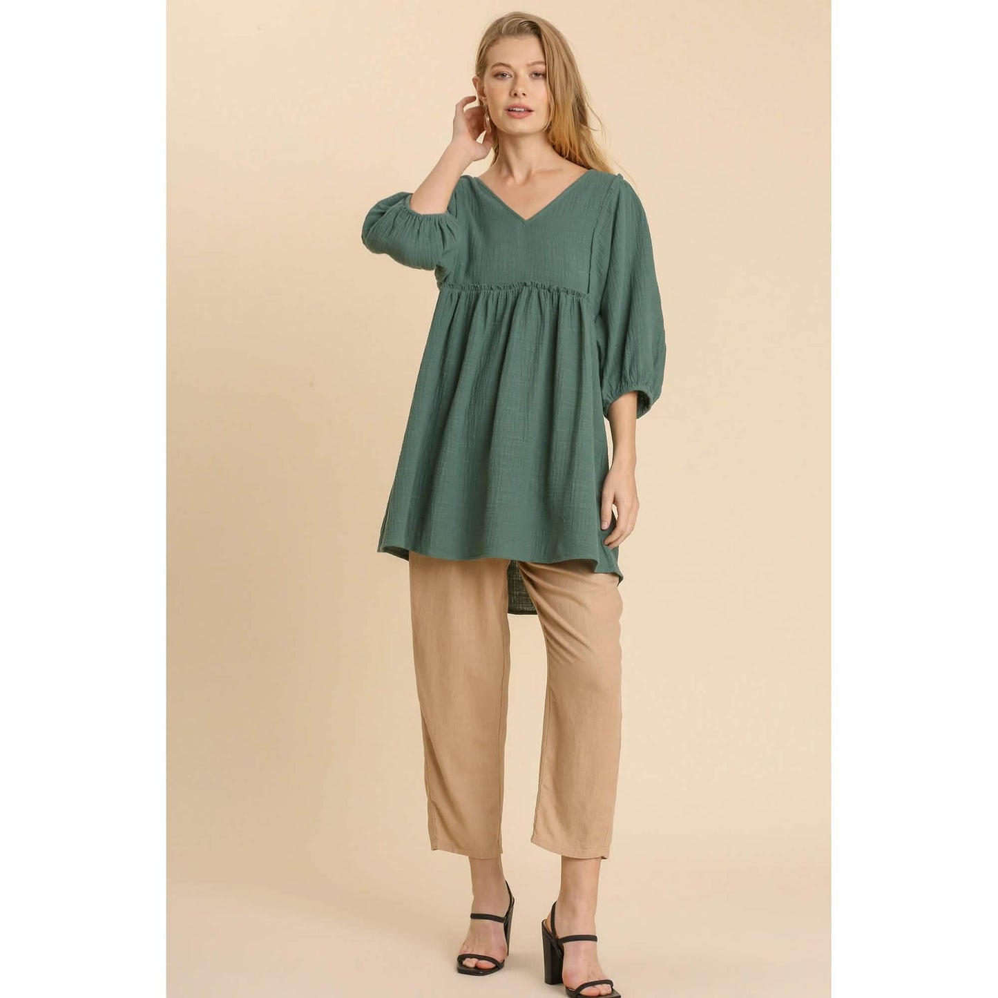 Gauze Slub V-neck Frayed Edge Detail Tunic Dress DailySale