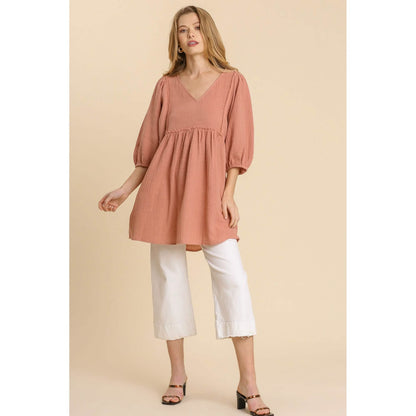Gauze Slub V-neck Frayed Edge Detail Tunic Dress DailySale