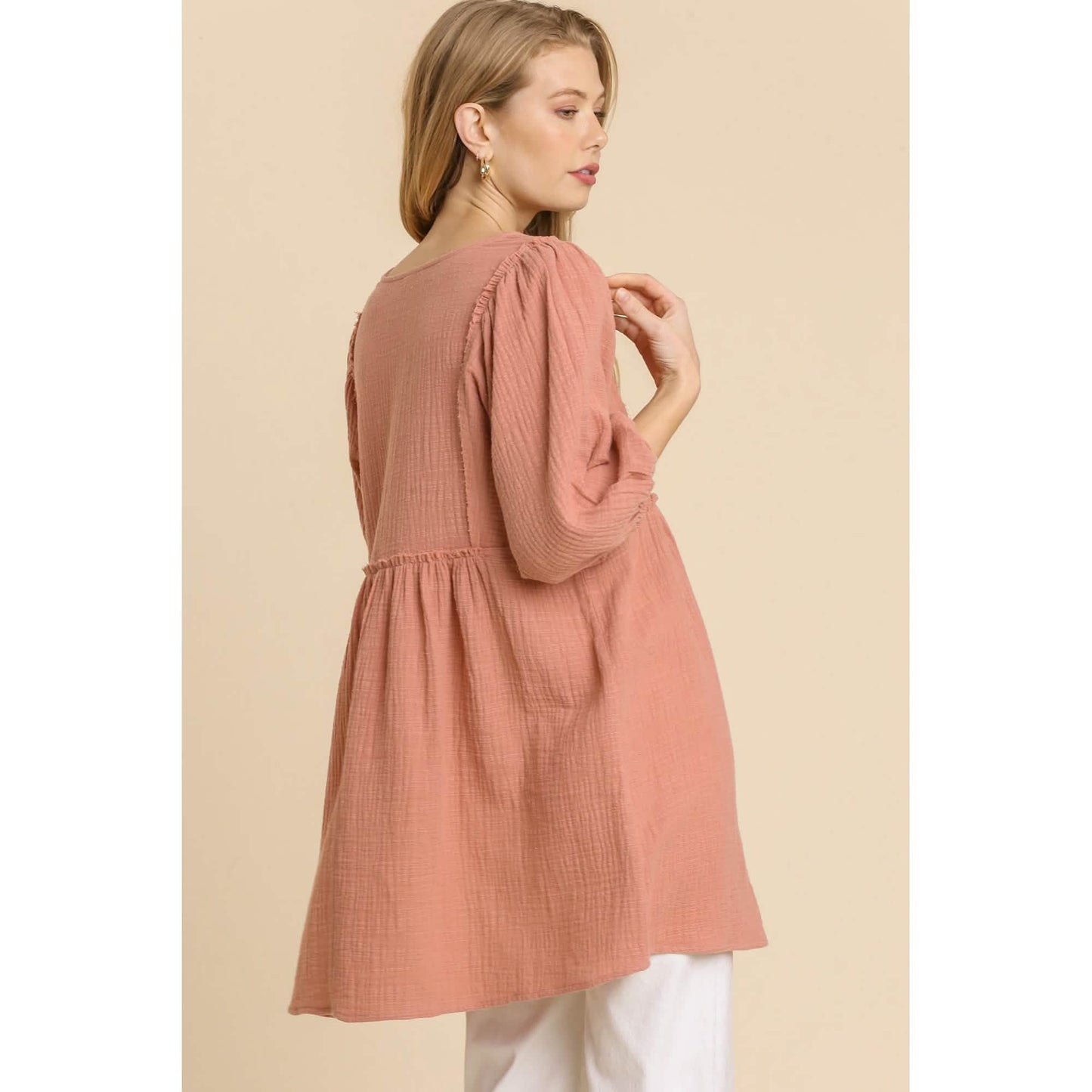 Gauze Slub V-neck Frayed Edge Detail Tunic Dress DailySale