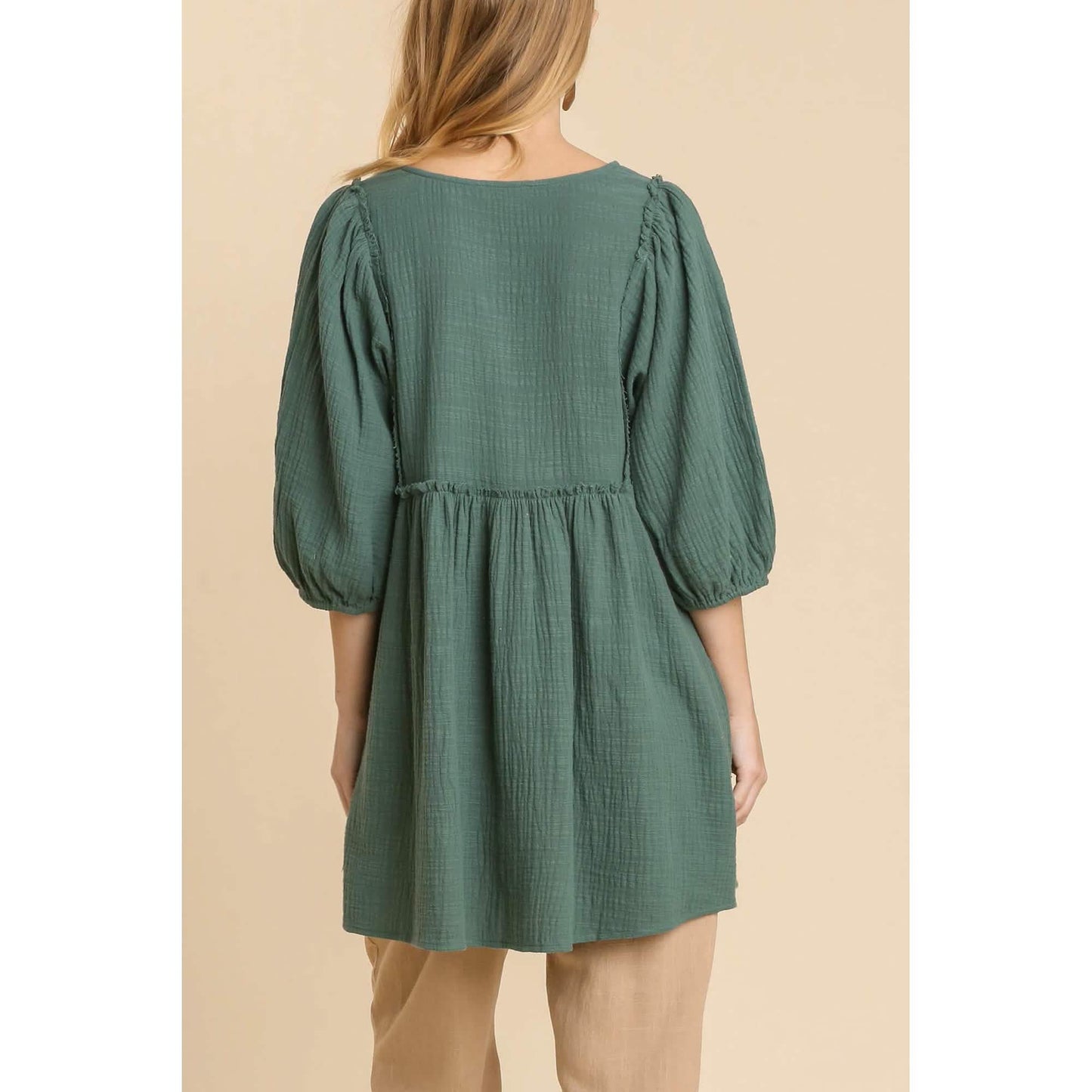 Gauze Slub V-neck Frayed Edge Detail Tunic Dress DailySale