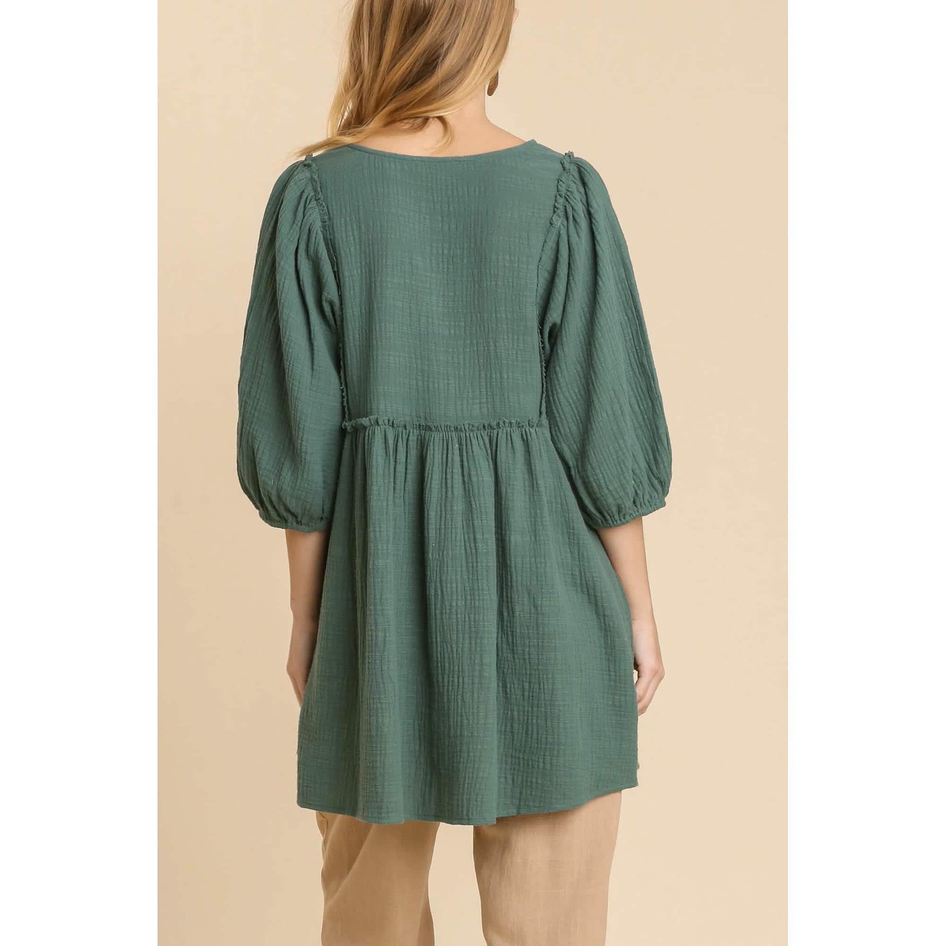 Gauze Slub V-neck Frayed Edge Detail Tunic Dress DailySale