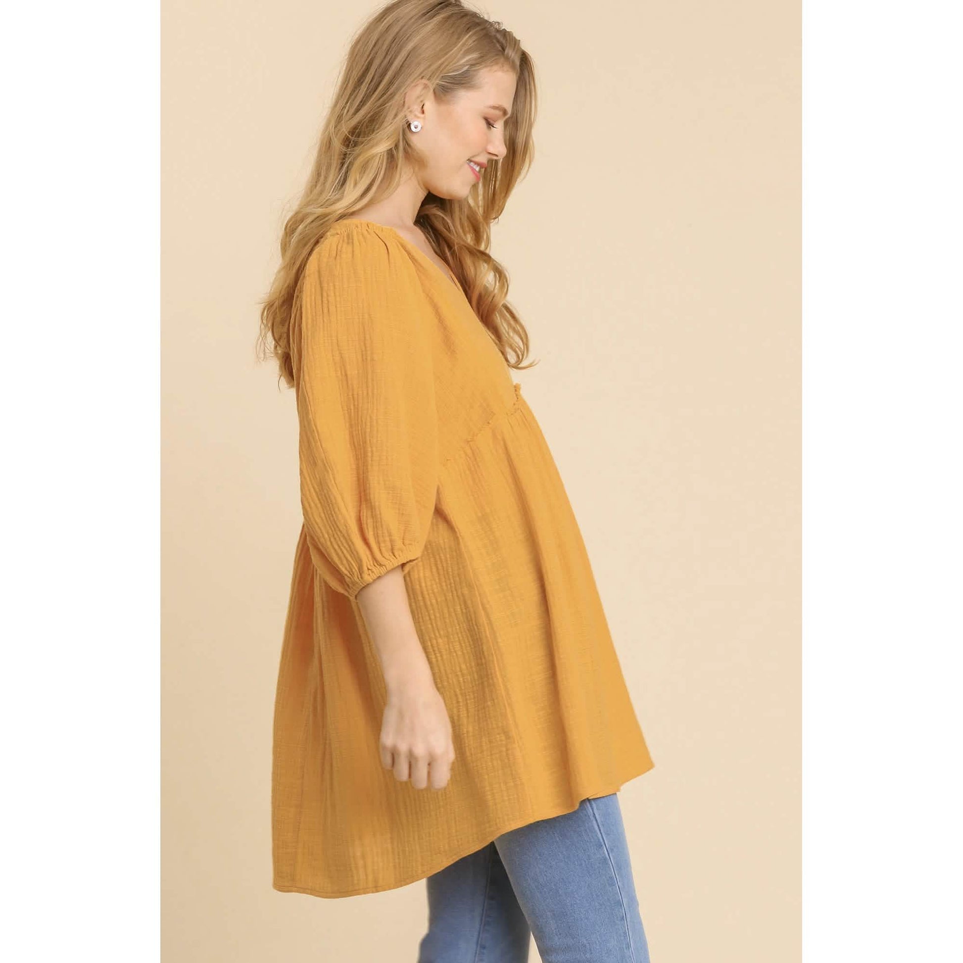 Gauze Slub V-neck Frayed Edge Detail Tunic Dress DailySale
