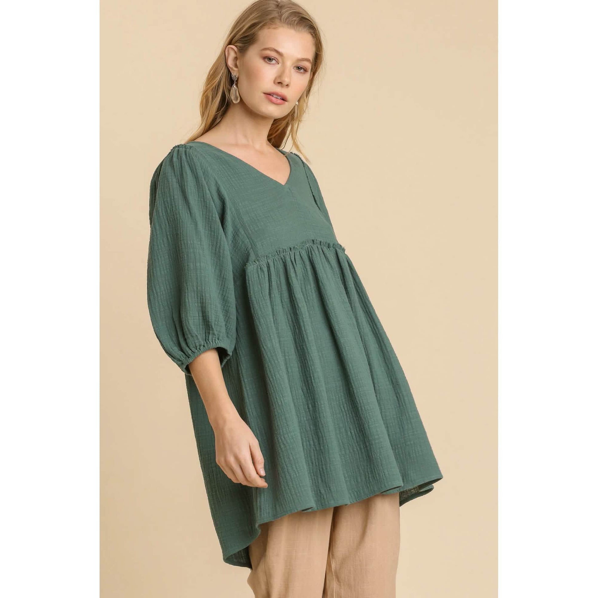 Gauze Slub V-neck Frayed Edge Detail Tunic Dress DailySale