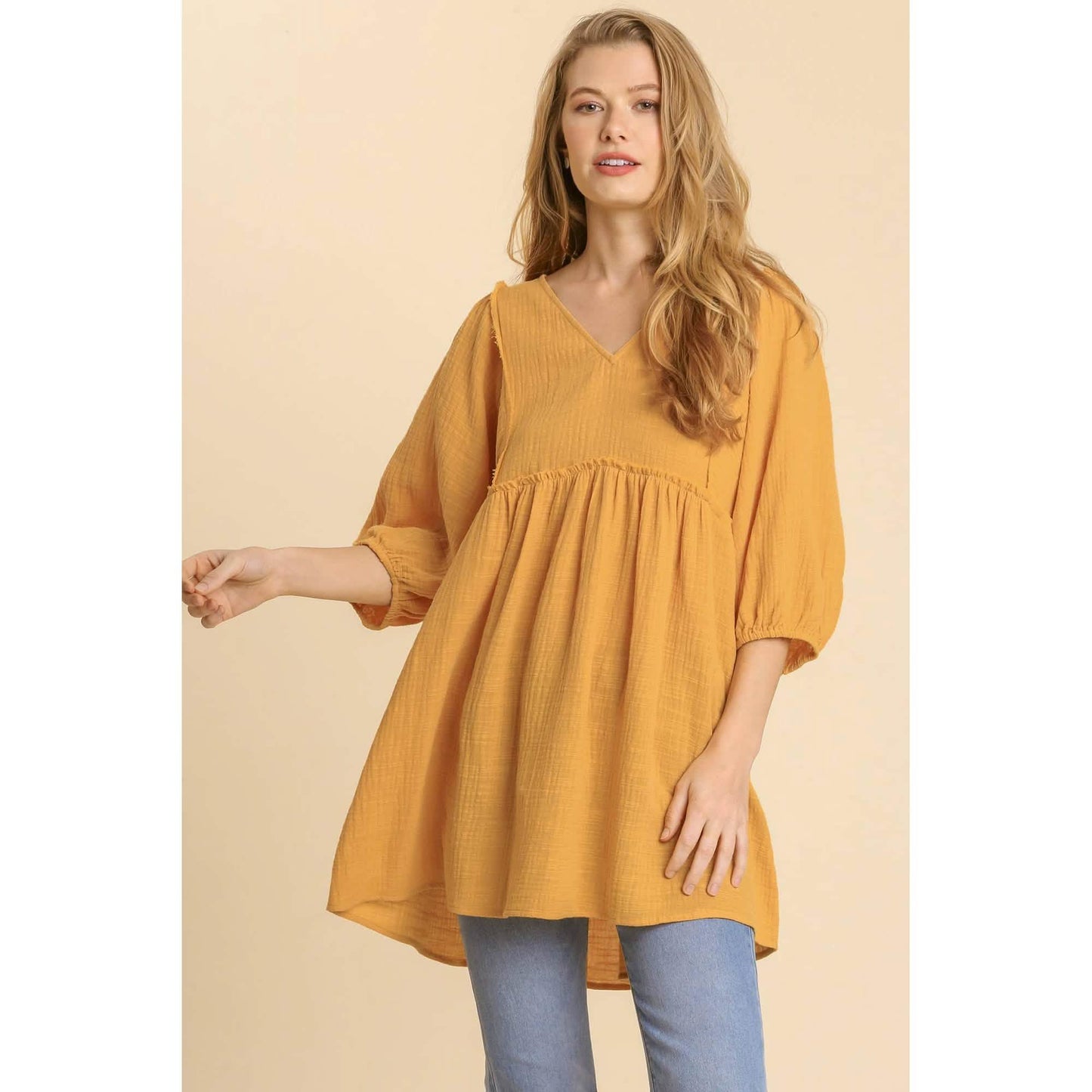 Gauze Slub V-neck Frayed Edge Detail Tunic Dress DailySale