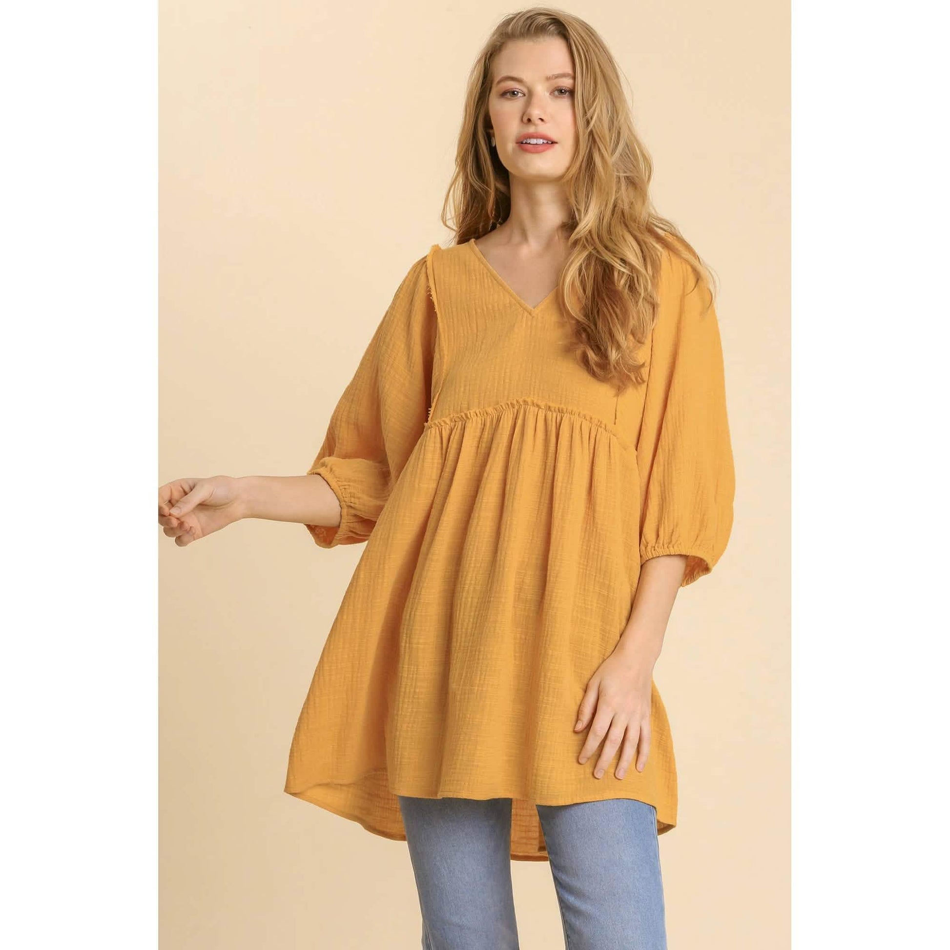 Gauze Slub V-neck Frayed Edge Detail Tunic Dress DailySale