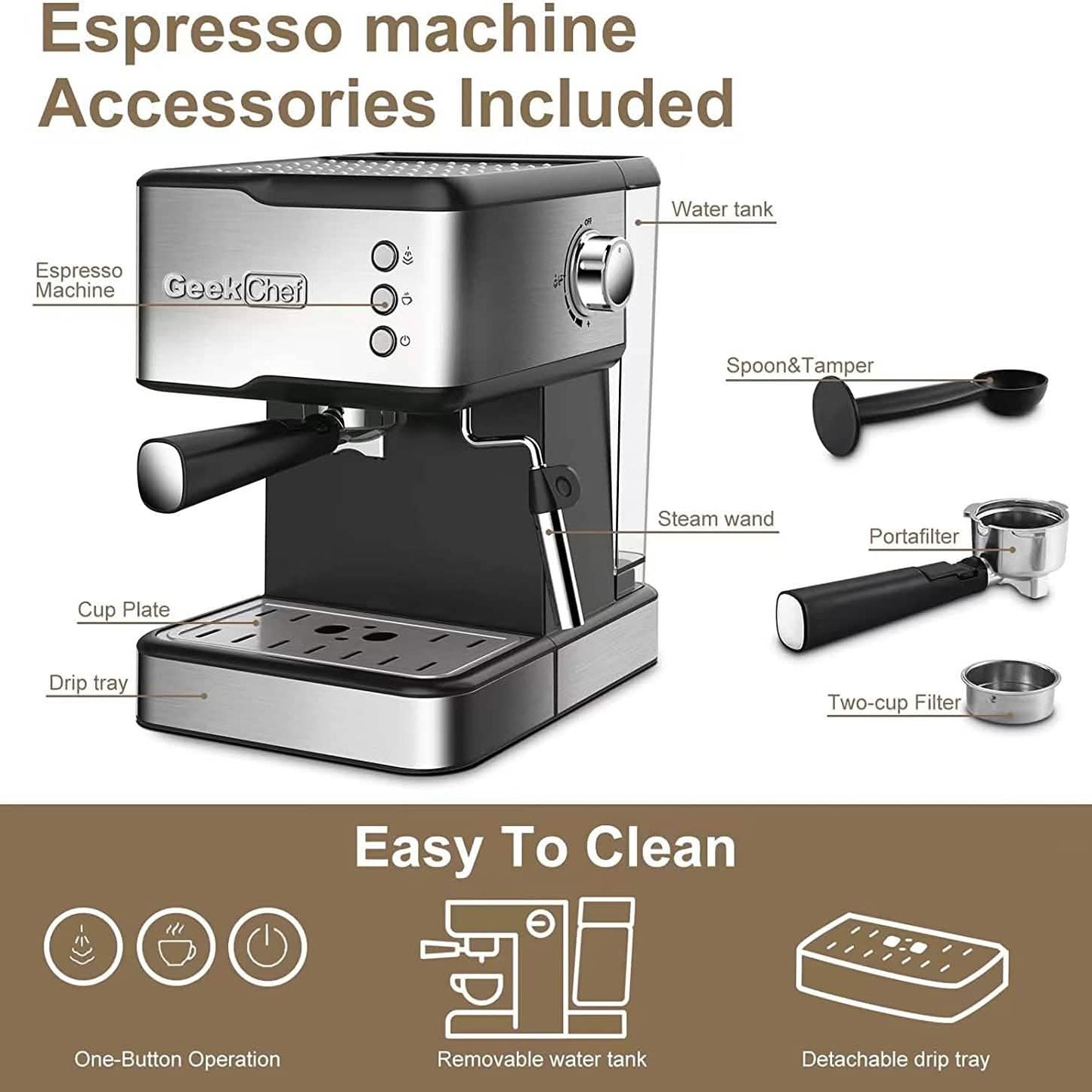 Geek Chef Espresso Machine Coffee with Milk Frother Steam Wand DailySale
