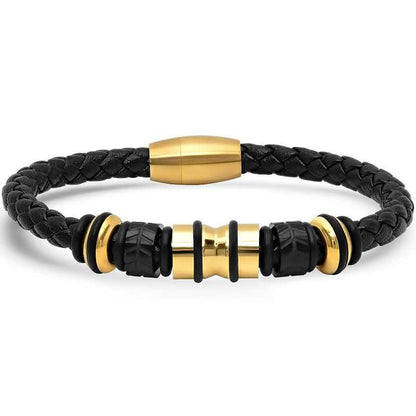 Genuine Black Leather Braided Bracelet With Stainless Steel Accents for Men DailySale