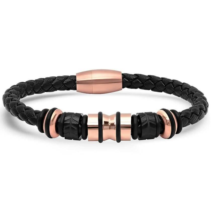 Genuine Black Leather Braided Bracelet With Stainless Steel Accents for Men DailySale