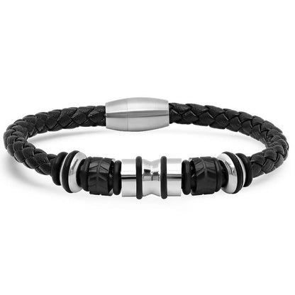 Genuine Black Leather Braided Bracelet With Stainless Steel Accents for Men DailySale