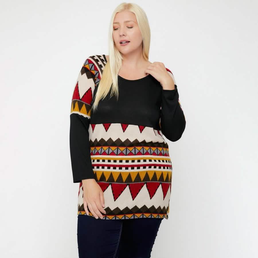 Geometric Print-Contrast Tunic DailySale