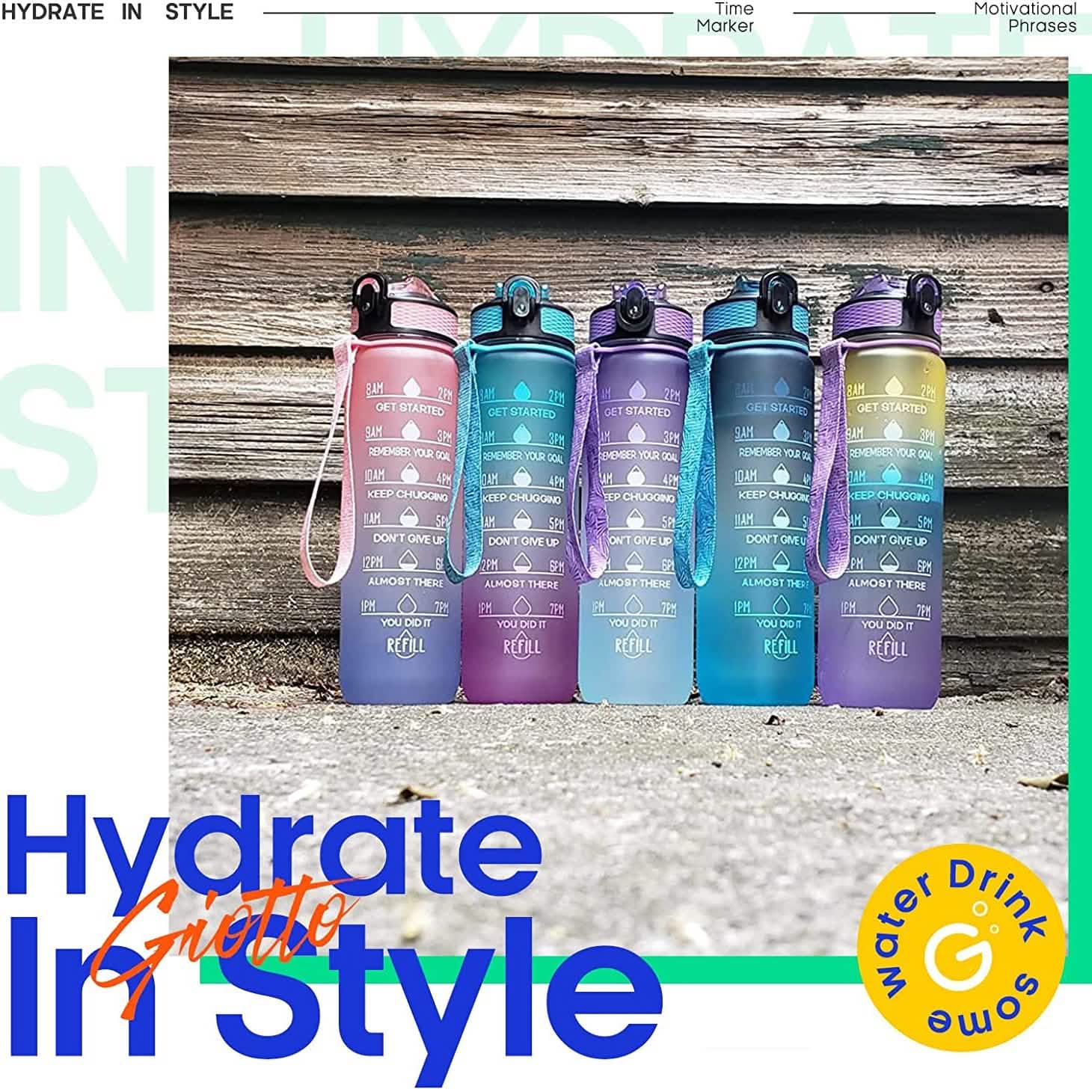 Giotto 32oz Leakproof BPA Free Drinking Water Bottle with Time Marker & Straw DailySale