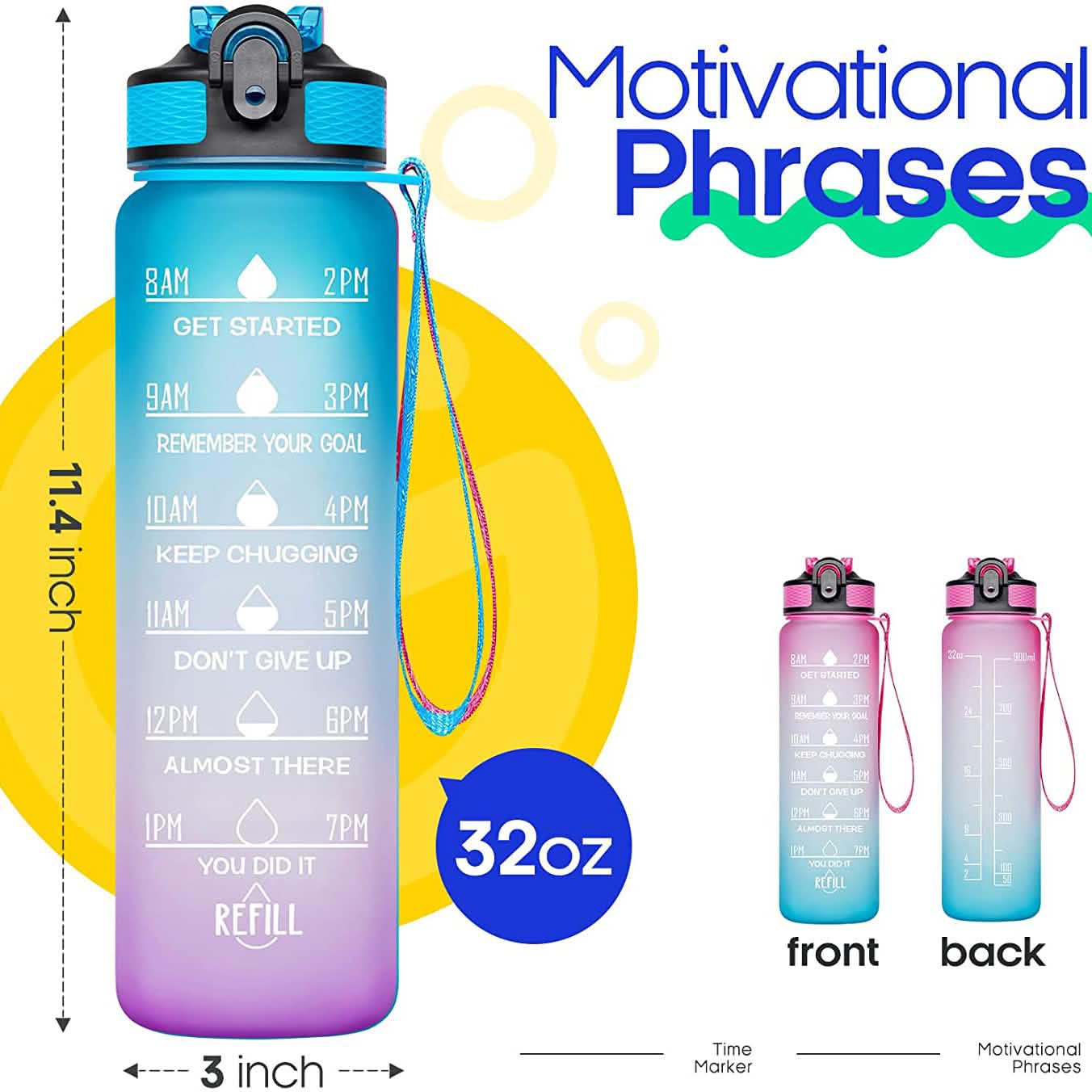 Giotto 32oz Leakproof BPA Free Drinking Water Bottle with Time Marker & Straw DailySale