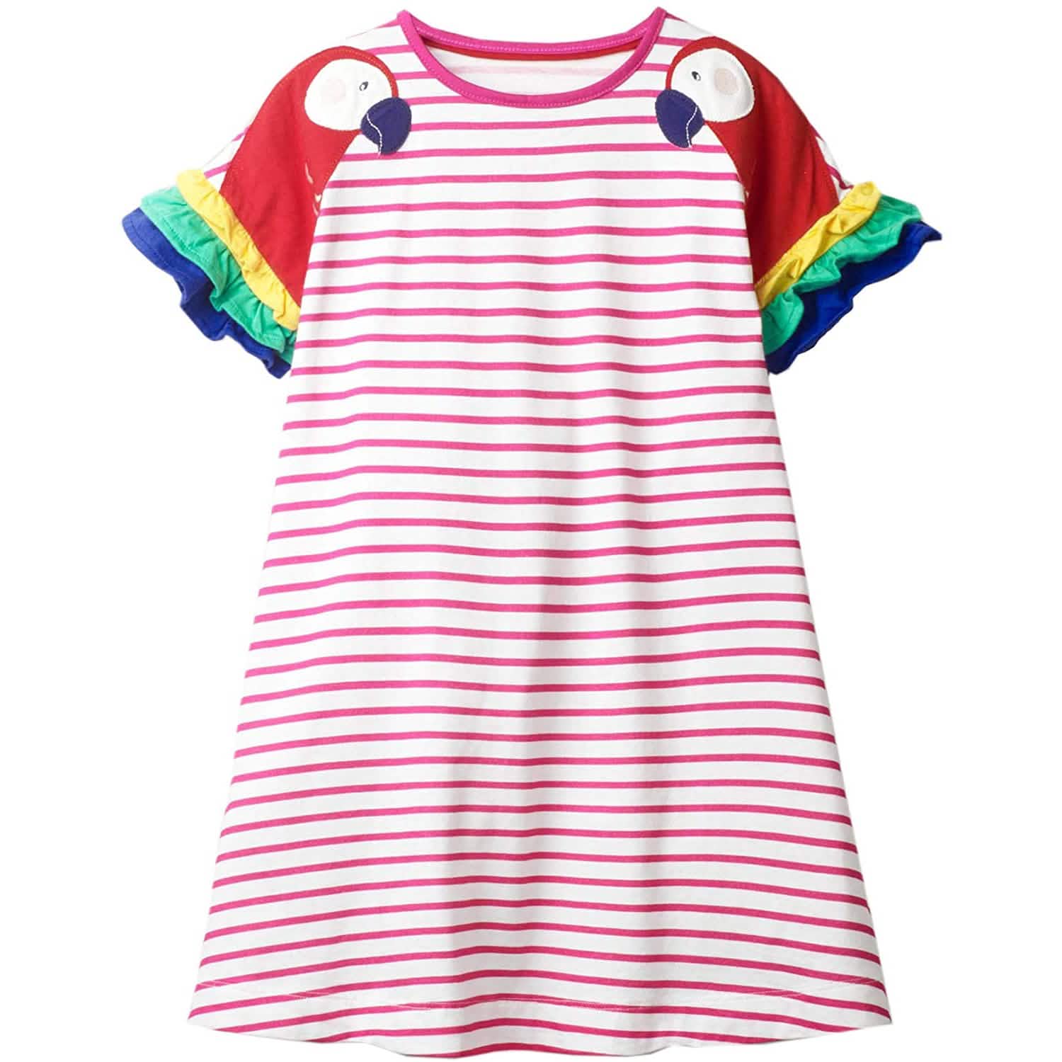 Girls Cotton Long Sleeve Casual Cartoon Appliques Striped Jersey Dress DailySale