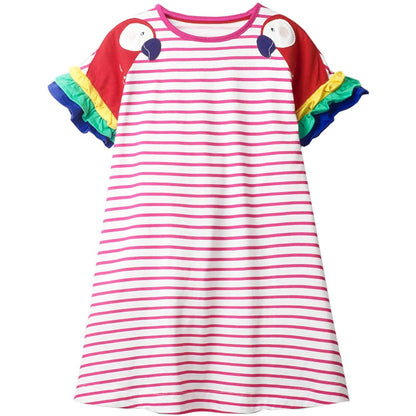 Girls Cotton Long Sleeve Casual Cartoon Appliques Striped Jersey Dress DailySale