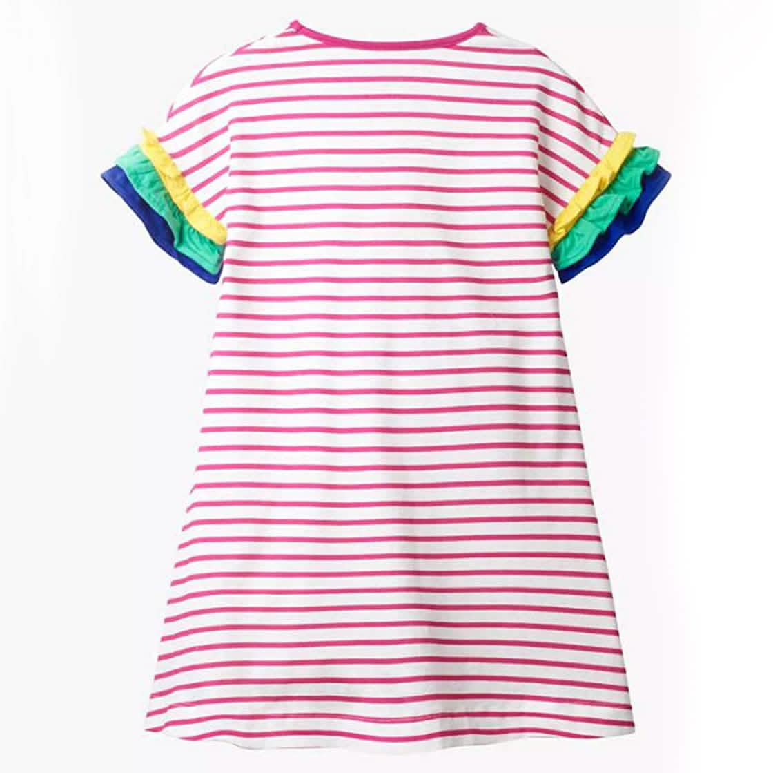 Girls Cotton Long Sleeve Casual Cartoon Appliques Striped Jersey Dress DailySale