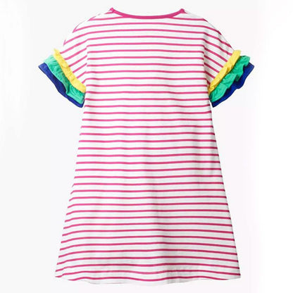 Girls Cotton Long Sleeve Casual Cartoon Appliques Striped Jersey Dress DailySale