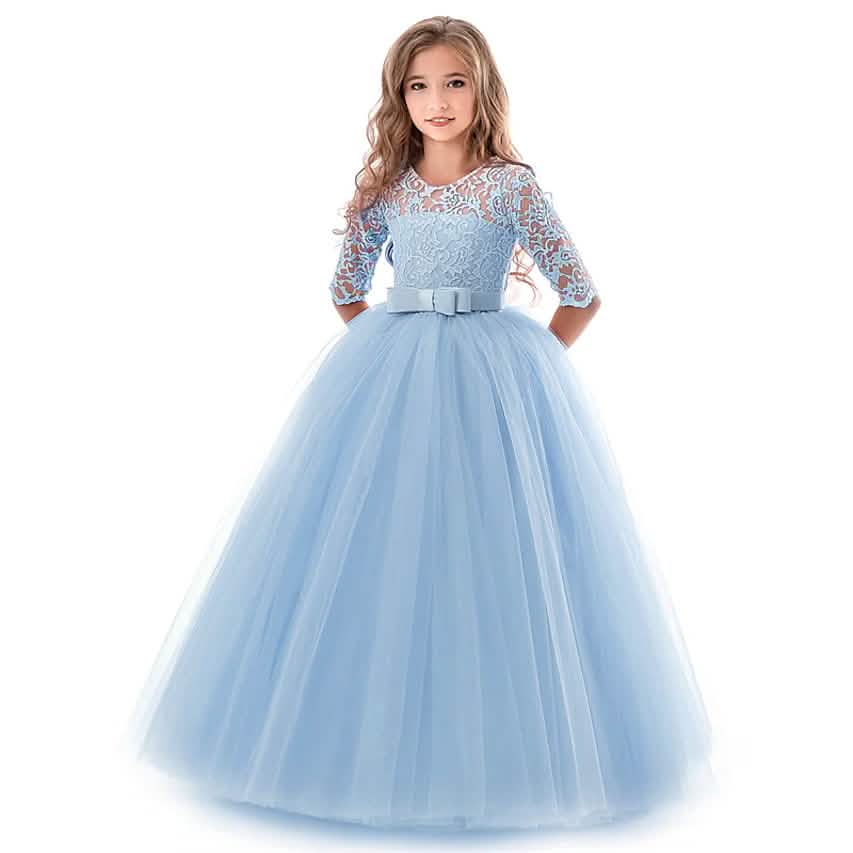 Girls' Floral Lace Solid Tulle Maxi Short Sleeve Vintage Gowns Dresses DailySale