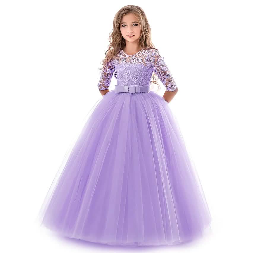 Girls' Floral Lace Solid Tulle Maxi Short Sleeve Vintage Gowns Dresses DailySale
