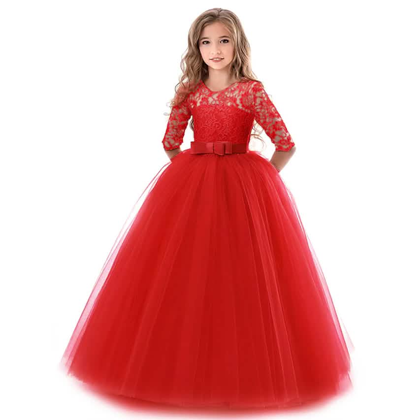 Girls' Floral Lace Solid Tulle Maxi Short Sleeve Vintage Gowns Dresses DailySale