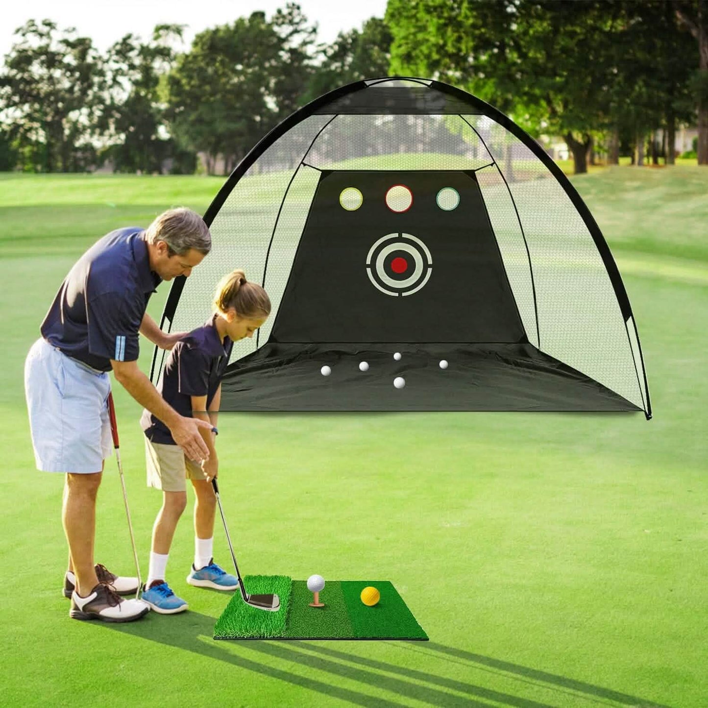 Golf Training Aids Driving Hitting Nets with Tri-Turf Golf Mat Target Cloth 10 Golf Balls 7 Golf Tees 2 Rubber Golf Tee Holders Carry Bag for Indoor Outdoor Sports DailySale