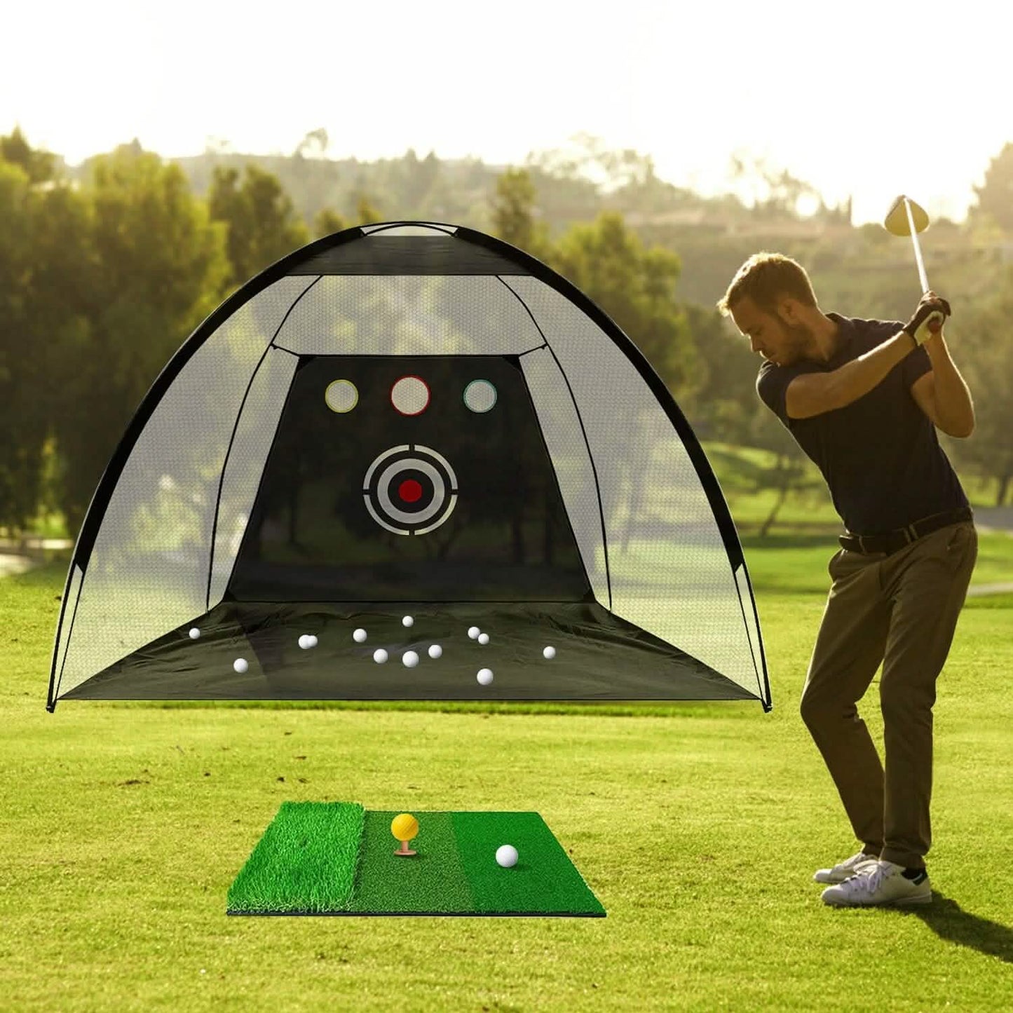 Golf Training Aids Driving Hitting Nets with Tri-Turf Golf Mat Target Cloth 10 Golf Balls 7 Golf Tees 2 Rubber Golf Tee Holders Carry Bag for Indoor Outdoor Sports DailySale