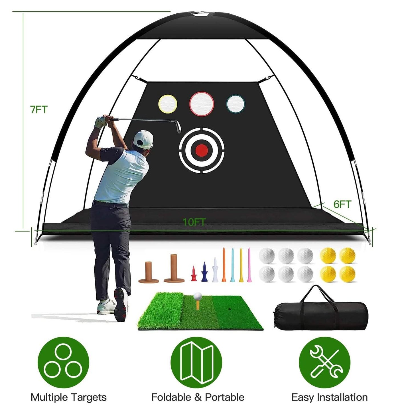 Golf Training Aids Driving Hitting Nets with Tri-Turf Golf Mat Target Cloth 10 Golf Balls 7 Golf Tees 2 Rubber Golf Tee Holders Carry Bag for Indoor Outdoor Sports DailySale