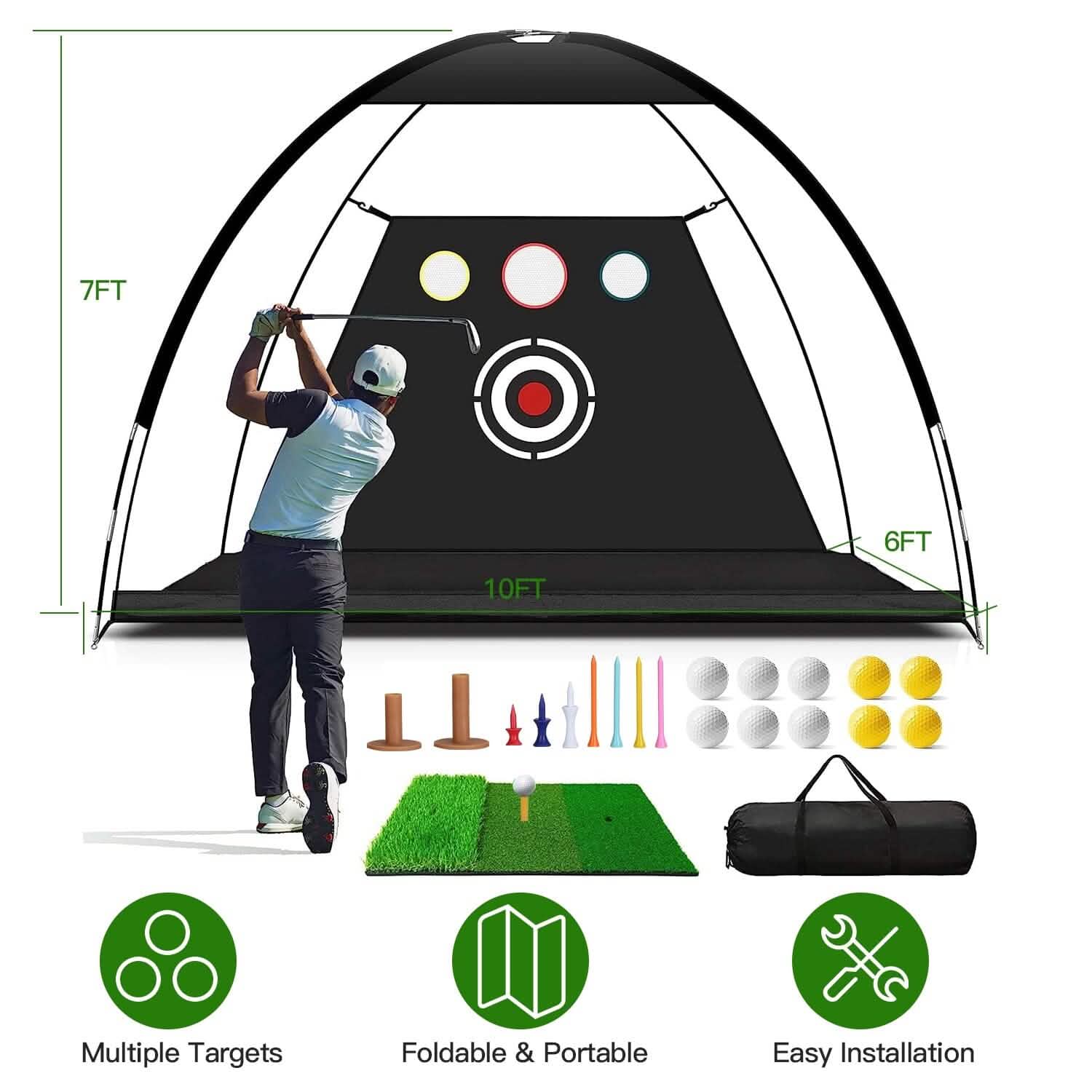 Golf Training Aids Driving Hitting Nets with Tri-Turf Golf Mat Target Cloth 10 Golf Balls 7 Golf Tees 2 Rubber Golf Tee Holders Carry Bag for Indoor Outdoor Sports DailySale