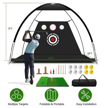Golf Training Aids Driving Hitting Nets with Tri-Turf Golf Mat Target Cloth 10 Golf Balls 7 Golf Tees 2 Rubber Golf Tee Holders Carry Bag for Indoor Outdoor Sports DailySale