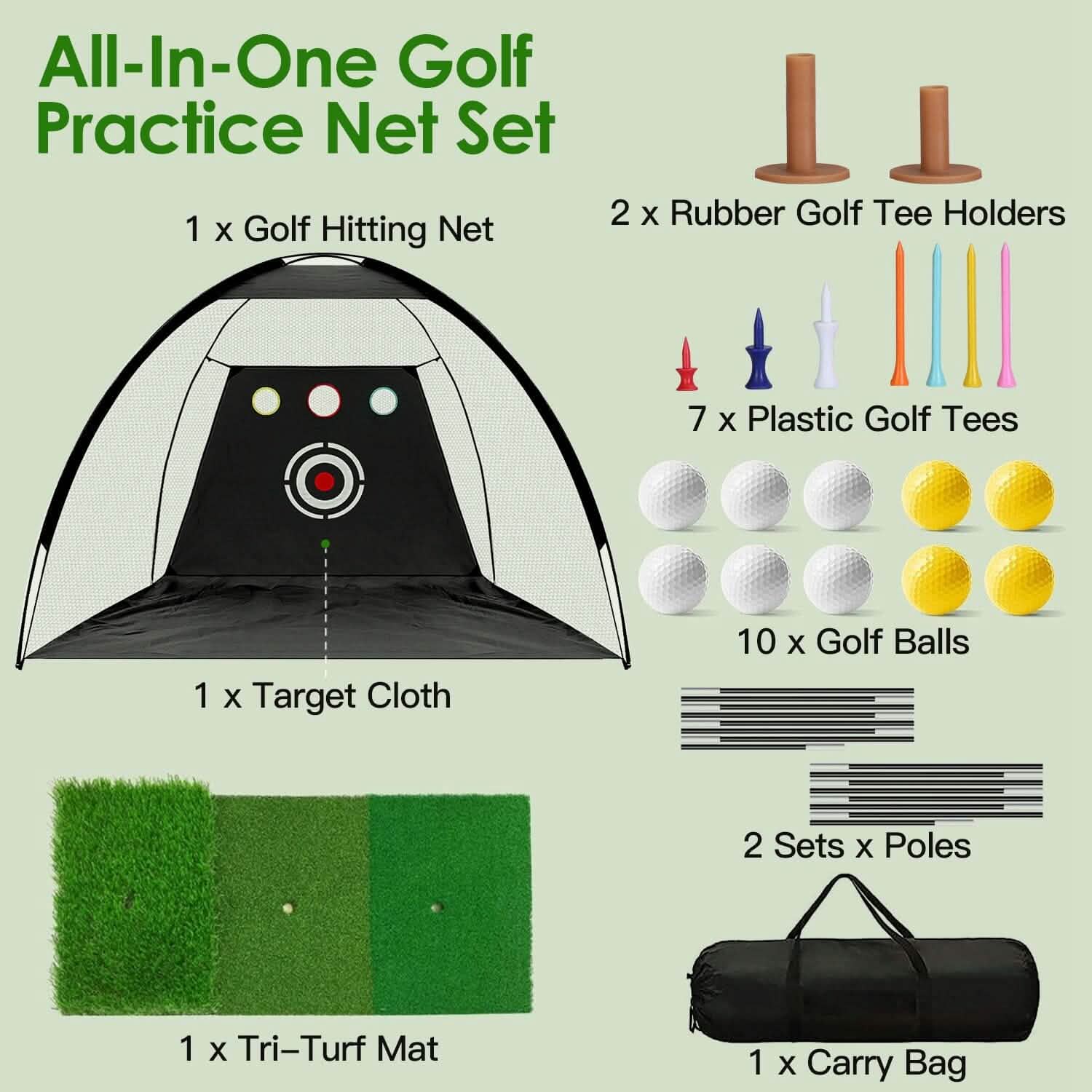 Golf Training Aids Driving Hitting Nets with Tri-Turf Golf Mat Target Cloth 10 Golf Balls 7 Golf Tees 2 Rubber Golf Tee Holders Carry Bag for Indoor Outdoor Sports DailySale