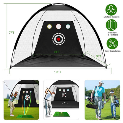 Golf Training Aids Driving Hitting Nets with Tri-Turf Golf Mat Target Cloth 10 Golf Balls 7 Golf Tees 2 Rubber Golf Tee Holders Carry Bag for Indoor Outdoor Sports DailySale