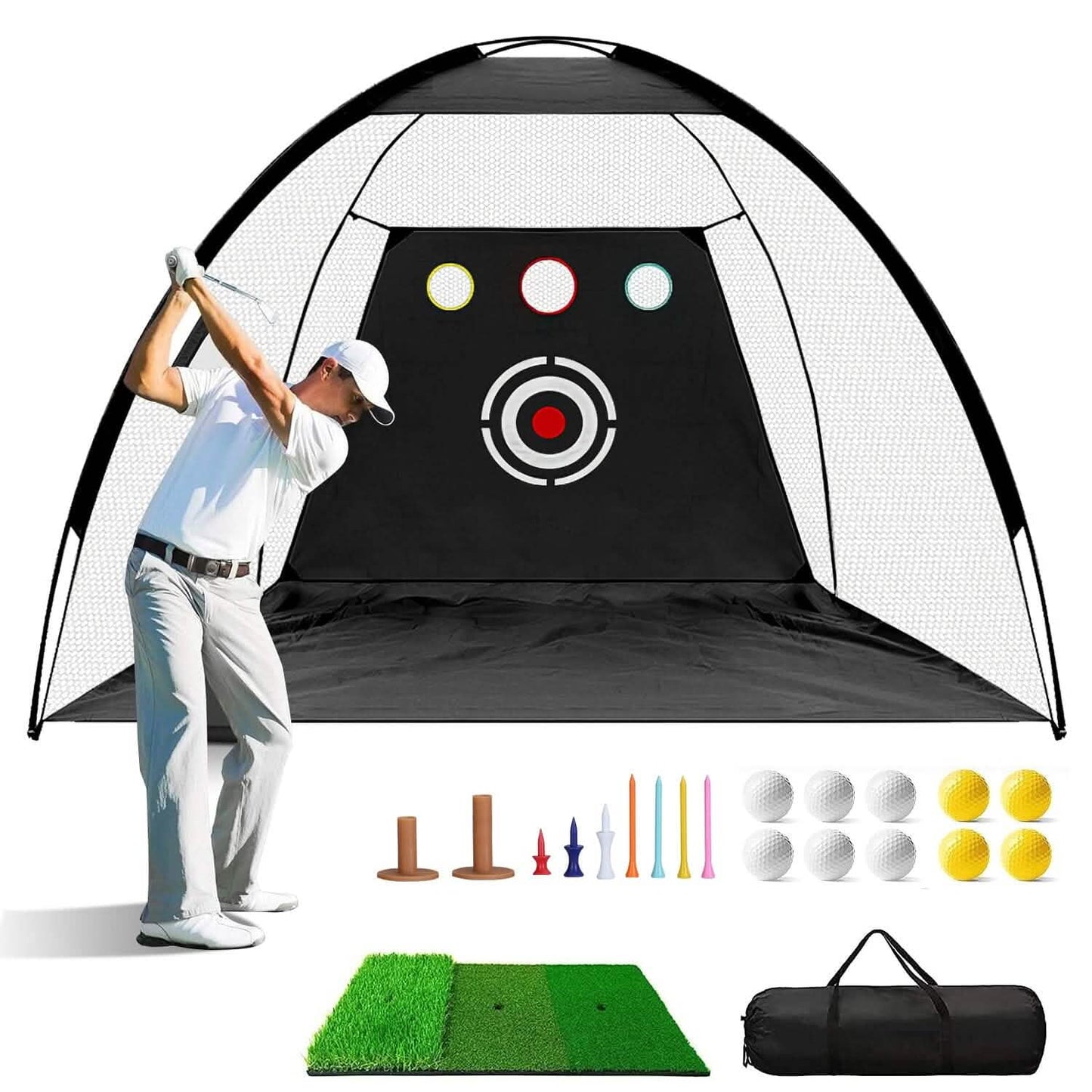 Golf Training Aids Driving Hitting Nets with Tri-Turf Golf Mat Target Cloth 10 Golf Balls 7 Golf Tees 2 Rubber Golf Tee Holders Carry Bag for Indoor Outdoor Sports DailySale