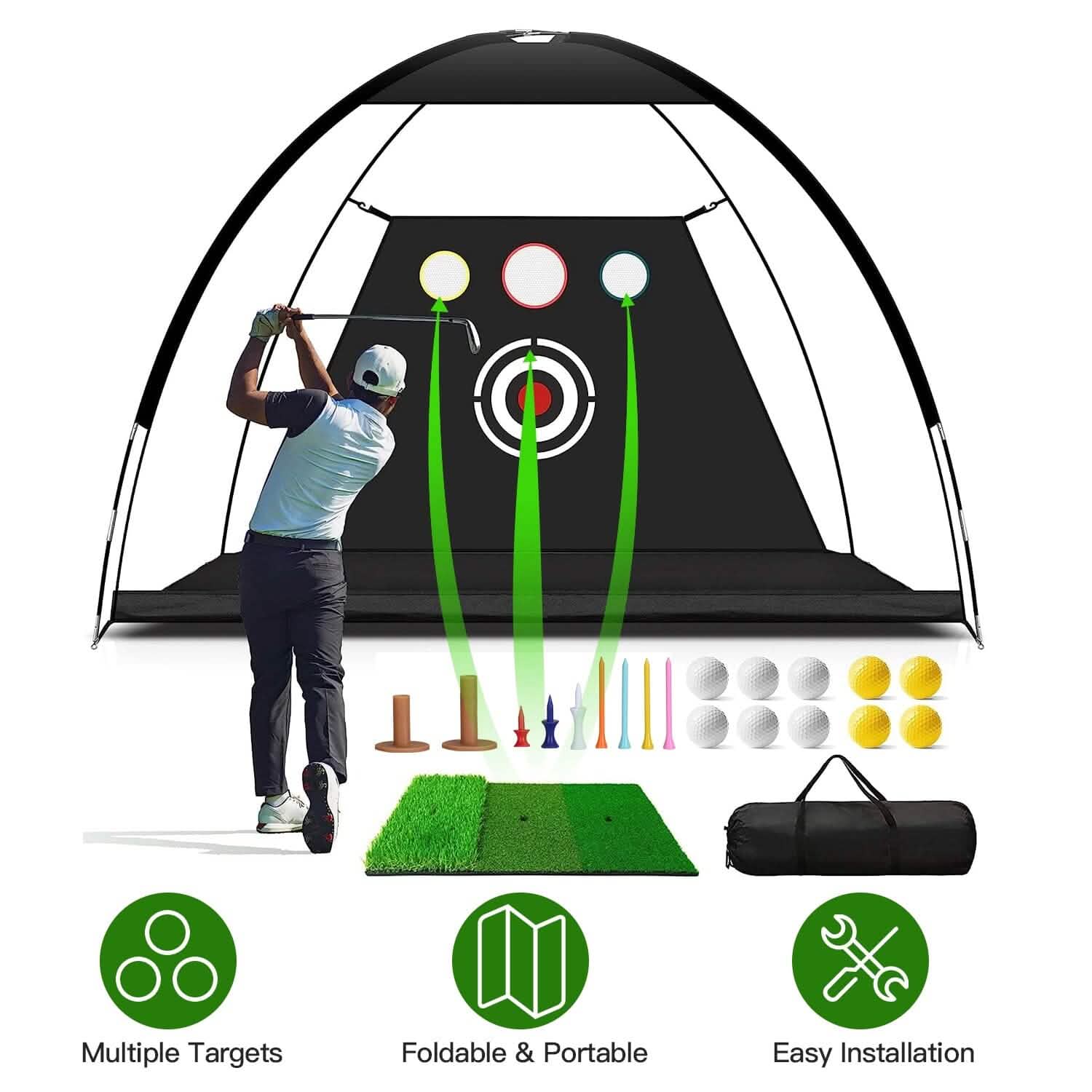 Golf Training Aids Driving Hitting Nets with Tri-Turf Golf Mat Target Cloth 10 Golf Balls 7 Golf Tees 2 Rubber Golf Tee Holders Carry Bag for Indoor Outdoor Sports DailySale