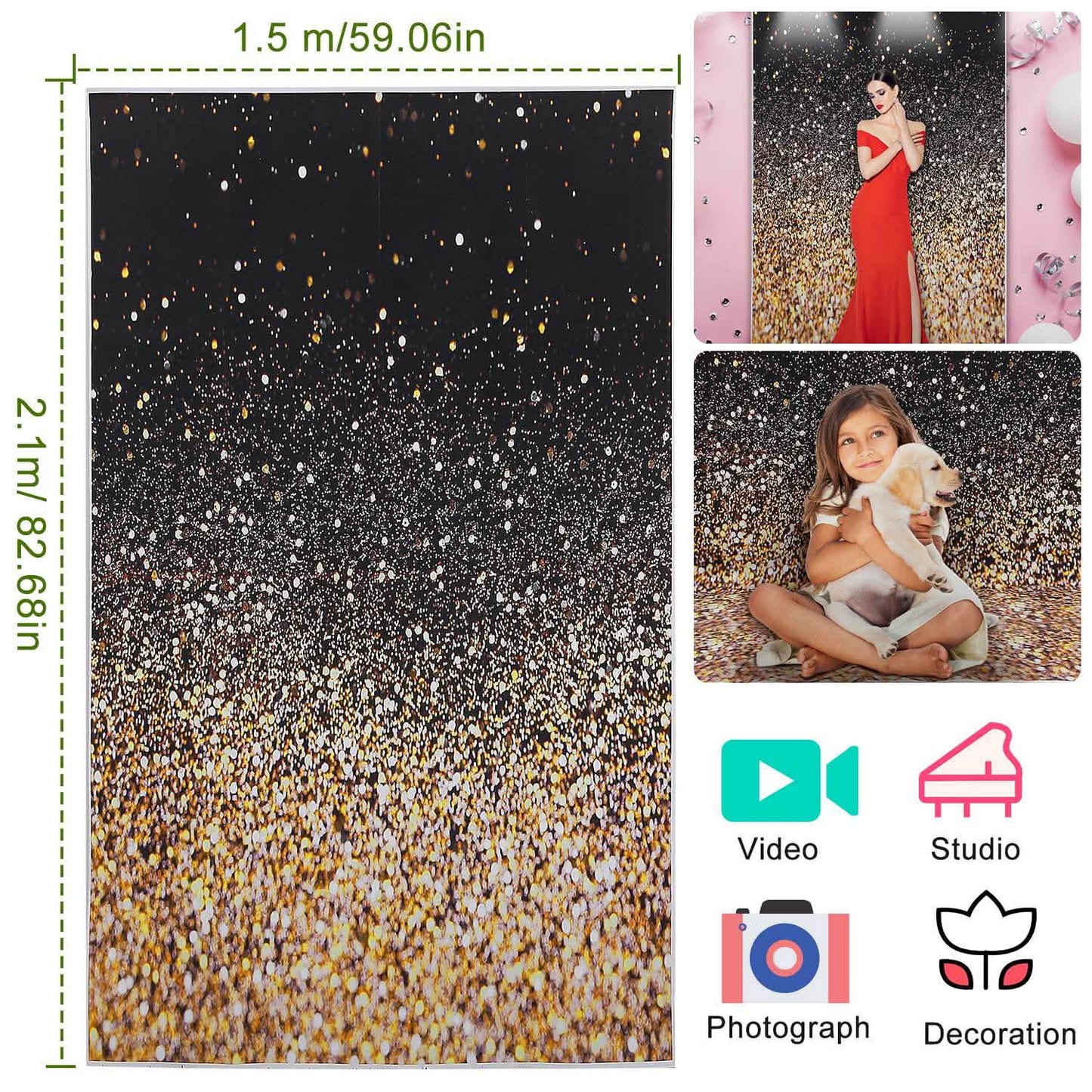 Gradual Glitter Black Gold Bokeh Spots Photography Background DailySale