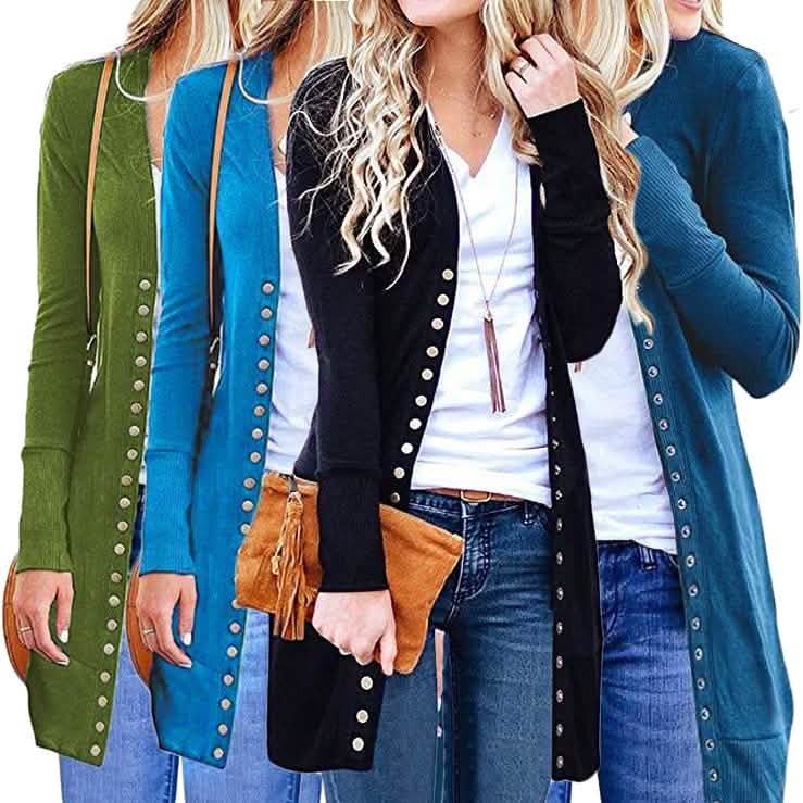 Halife Women's Long Sleeve Snap Button Down Knit Ribbed Neckline Cardigan Sweater DailySale